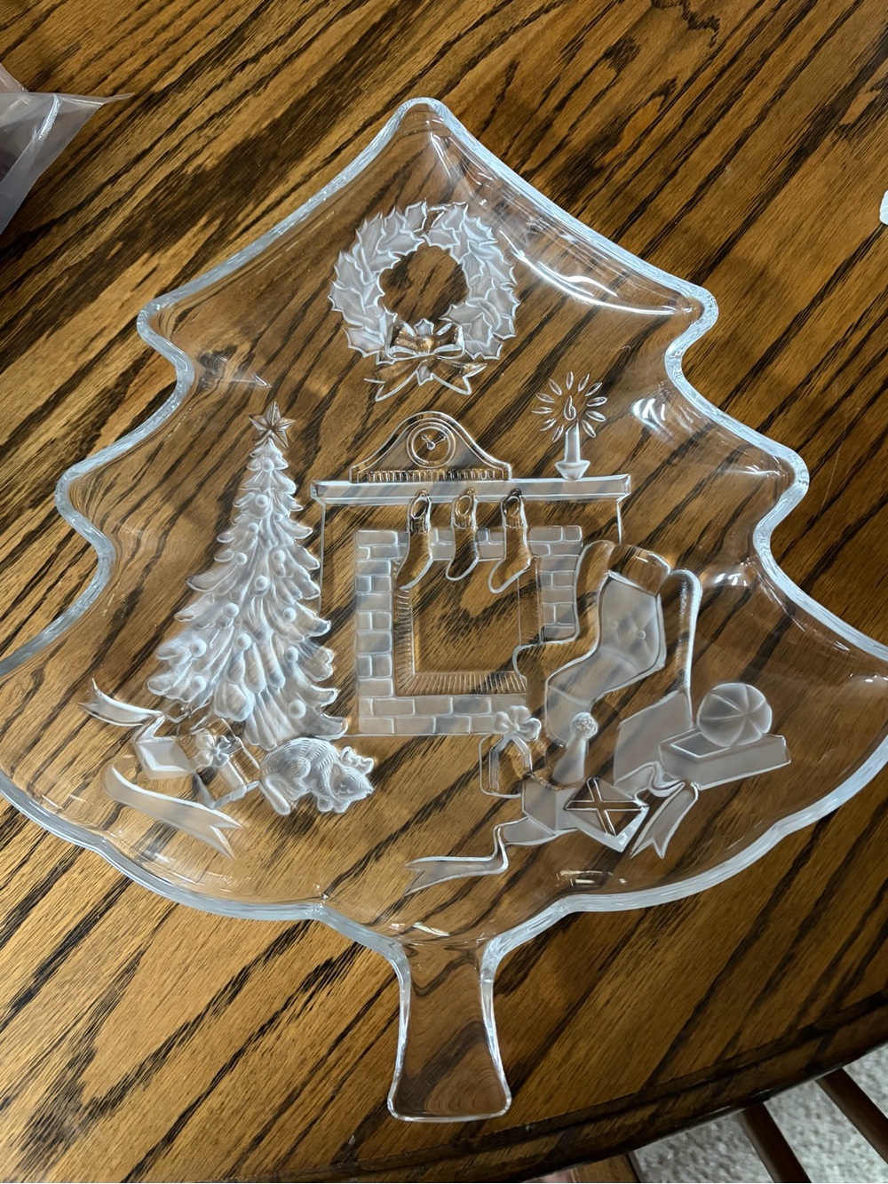 Studio Nova Clear Glass Christmas Tree Tray with Holiday Fireplace Motif